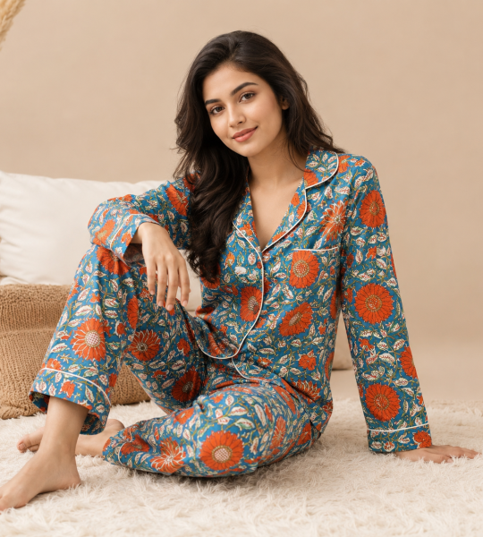 Floral Printed Women Cotton Pj set, Handmade Cotton Summer Comfart Pajama Set For Women's