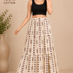 White Cotton Check Printed Tiered Maxi Skirt for Women, Handmade Maxi Skirt