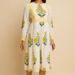 Boho Floral Print Midi Dress – Yellow & Blue Cotton A-Line Dress – Ethnic Casual Summer Wear – Hand Block Print – Comfortable Everyday Dress