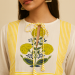 Boho Floral Print Midi Dress – Yellow & Blue Cotton A-Line Dress – Ethnic Casual Summer Wear – Hand Block Print – Comfortable Everyday Dress