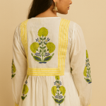 Boho Floral Print Midi Dress – Yellow & Blue Cotton A-Line Dress – Ethnic Casual Summer Wear – Hand Block Print – Comfortable Everyday Dress