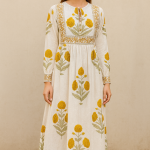 Boho Floral Print Midi Dress – Yellow & Blue Cotton A-Line Dress – Ethnic Casual Summer Wear – Hand Block Print – Comfortable Everyday Dress
