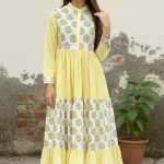 Handmade Cotton Block Print Maxi Dress – Yellow Floral & Stripe Dress with Pockets, Long sleeve summer dress, Handcrafted dress women
