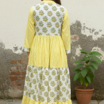 Handmade Cotton Block Print Maxi Dress – Yellow Floral & Stripe Dress with Pockets, Long sleeve summer dress, Handcrafted dress women