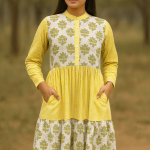 Handmade Cotton Block Print Maxi Dress – Yellow Floral & Stripe Dress with Pockets, Long sleeve summer dress, Handcrafted dress women