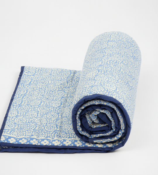 Handmade Cotton Block Print Quilt – Reversible Floral Jaipuri Blanket, Blue Border Bedding, Indian Cotton Quilt
