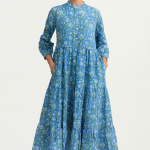 Hand Block Printed Cotton Maxi Dress – Blue Floral Long Dress with Pockets, Button Down Tiered Dress, Boho Summer Dress