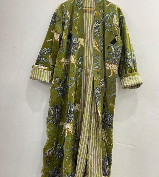 Green Jungle Print Velvet Kimono Robe | Bridesmaid Velvet Coat, Morning Tea Jacket, Cotton Velvet Women’s Robe, Bridal Wear, Gift For Her