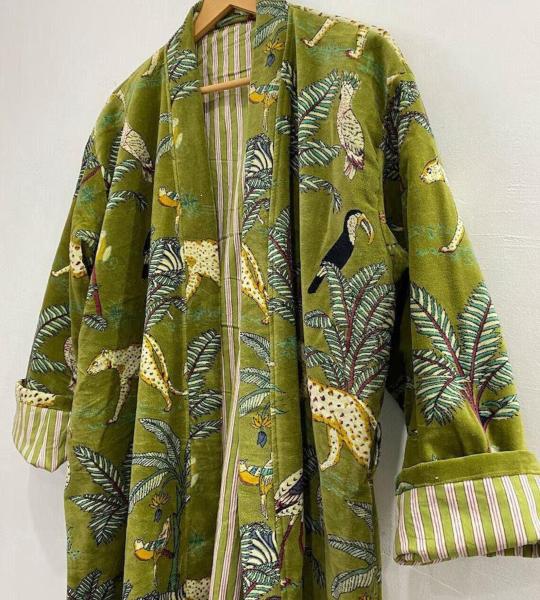 Green Jungle Print Velvet Kimono Robe | Bridesmaid Velvet Coat, Morning Tea Jacket, Cotton Velvet Women’s Robe, Bridal Wear, Gift For Her