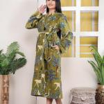 Green Jungle Print Velvet Kimono Robe | Bridesmaid Velvet Coat, Morning Tea Jacket, Cotton Velvet Women’s Robe, Bridal Wear, Gift For Her
