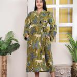 Green Jungle Print Velvet Kimono Robe | Bridesmaid Velvet Coat, Morning Tea Jacket, Cotton Velvet Women’s Robe, Bridal Wear, Gift For Her
