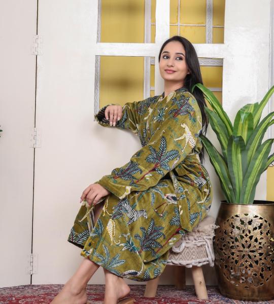 Green Jungle Print Velvet Kimono Robe | Bridesmaid Velvet Coat, Morning Tea Jacket, Cotton Velvet Women’s Robe, Bridal Wear, Gift For Her