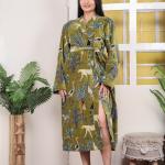 Green Jungle Print Velvet Kimono Robe | Bridesmaid Velvet Coat, Morning Tea Jacket, Cotton Velvet Women’s Robe, Bridal Wear, Gift For Her