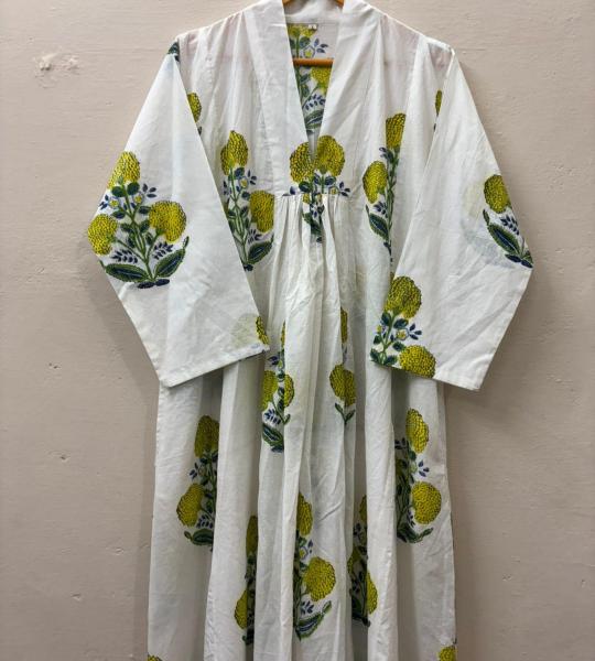 White Floral hand block Print full Sleeve Dress, Block print dress, Midi Dress, Mini Dress, Customize Measurement Size Also Available