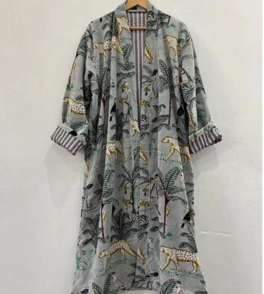 Handmade Green Jungle Print Velvet Kimono Robe: Cotton Bridal Coat