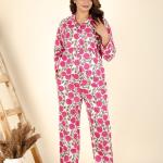 Hand Block Printed Cotton Pajama Set | Pink Striped Floral Nightwear | Boho Loungewear Sleepwear | Womens Handmade Night Suit
