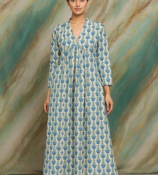 White Floral hand block Print full Sleeve Dress, Block print dress, Midi Dress, Mini Dress, Customize Measurement Size Also Available