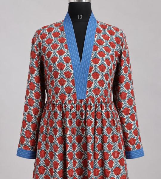 Red Floral Cotton Kaftan Dress for Women, Hand Block Print Midi Dress, Boho Summer Dress, Loose Fit V Neck Dress, Beach Cover Up, Casual Resort Wear