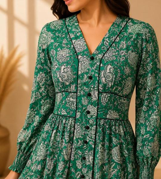 Women's Teal Green Floral Printed Maxi Dress | Long Sleeve Button-Down Casual Midi Dress