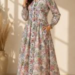 Women's Teal Green Floral Printed Maxi Dress | Long Sleeve Button-Down Casual Midi Dress