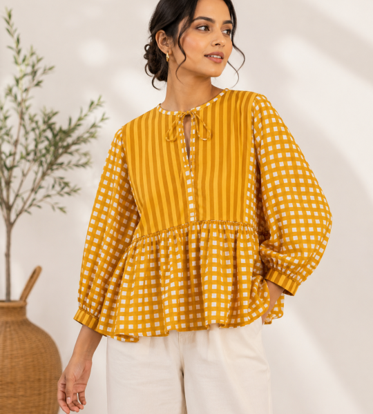 Women's Pink Checkered Peplum Top | Striped & Gingham Cotton Blouse | Puff Sleeve Casual Top for Women