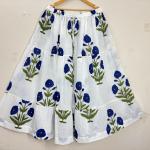 White Cotton Blue Floral Printed Tiered Maxi Skirt for Women