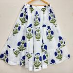 White Cotton Blue Floral Printed Tiered Maxi Skirt for Women
