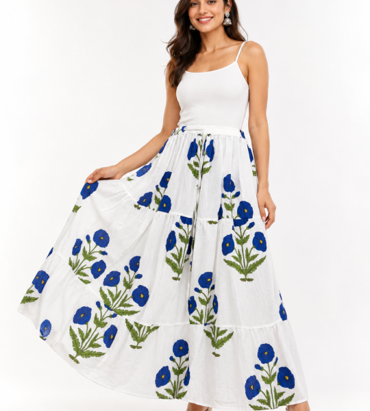 White Cotton Blue Floral Printed Tiered Maxi Skirt for Women