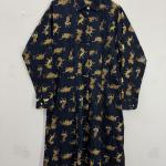 Women's Navy Blue Tiger Print Maxi Dress | Full Sleeve Collared Long Dress | Elegant Cotton Shirt Dress with Pockets