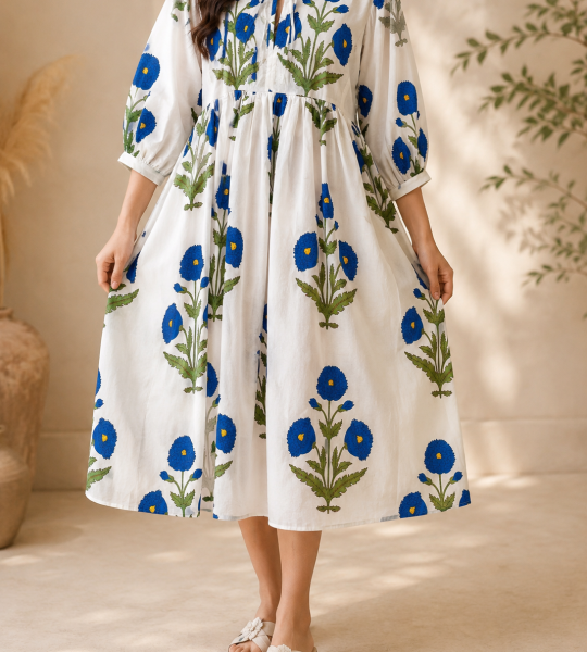Elegant White & Blue Floral Cotton Maxi Dress | Hand Block Print Long Dress | Boho Summer Midi Dress with Pockets