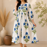 Elegant White & Blue Floral Cotton Maxi Dress | Hand Block Print Long Dress | Boho Summer Midi Dress with Pockets