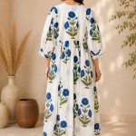 Elegant White & Blue Floral Cotton Maxi Dress | Hand Block Print Long Dress | Boho Summer Midi Dress with Pockets