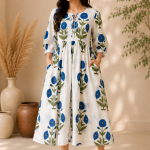 Elegant White & Blue Floral Cotton Maxi Dress | Hand Block Print Long Dress | Boho Summer Midi Dress with Pockets