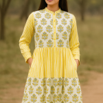 Handmade Cotton Block Print Maxi Dress – Yellow Floral & Stripe Dress with Pockets, Long sleeve summer dress, Handcrafted dress women