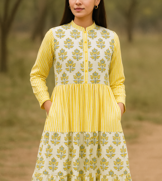 Handmade Cotton Block Print Maxi Dress – Yellow Floral & Stripe Dress with Pockets, Long sleeve summer dress, Handcrafted dress women