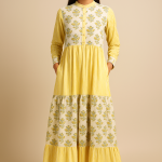 Handmade Cotton Block Print Maxi Dress – Yellow Floral & Stripe Dress with Pockets, Long sleeve summer dress, Handcrafted dress women