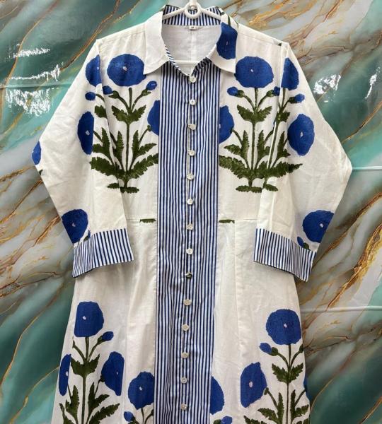 Hand Block Floral Printed Women Cotton Dress, Indian Handmade Cotton Long Dress