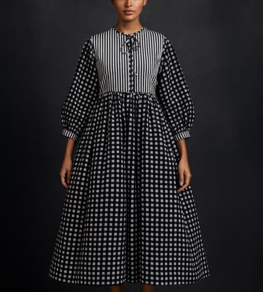 Hand Block Printed Cotton Maxi Dress | Black & White Checkered Long Dress | Vintage Style Striped Bodice Cotton Dress | Boho Midi Dress for Women