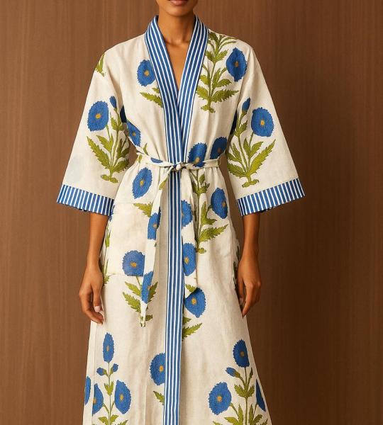 Block Print Cotton Kimono Robe, Floral Bridesmaid Dressing Gown, Summer Nightwear