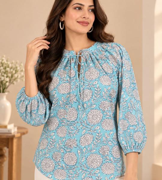 Sky Blue Floral Printed Front-Tie Balloon Sleeve Top for Women