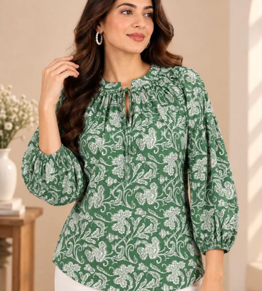 Green Floral Printed Front Tie-Up Balloon Sleeve Top for Women