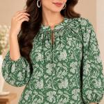 Green Floral Printed Front Tie-Up Balloon Sleeve Top for Women