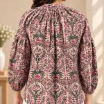 Pink Floral Printed Front Tie-Up Balloon Sleeve Top for Women