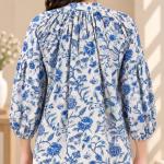 Blue Floral Printed Top for Women | Balloon Sleeve Blouse with Tie Neck | Casual Boho Top