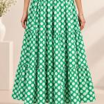 Green & White Polka Dot Tiered Maxi Skirt for Women | Flowy Long Skirt with Elastic Waist & Drawstring